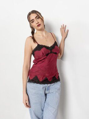 BURGUNDY SILK LACE Camisole Vintage Medium Tank Top Lingerie
